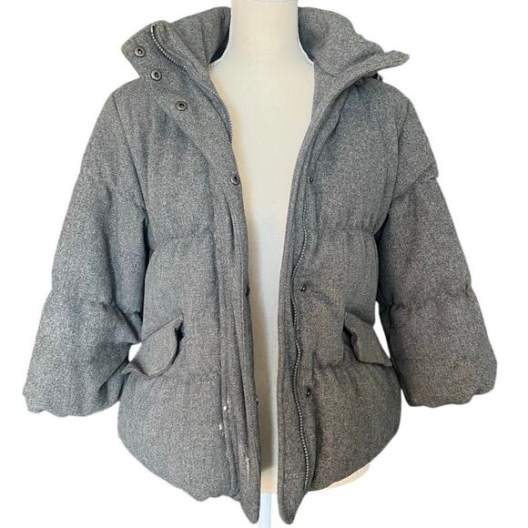 Gap Gray 100% Wool Down Puffer Zip Hood Jacket Coat flawed damaged repair XSmall - Picture 2 of 14